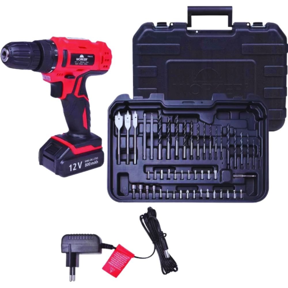 Parafusadeira Furadeira A Bateria 12 v Bivolt Kit 50 Peças Na