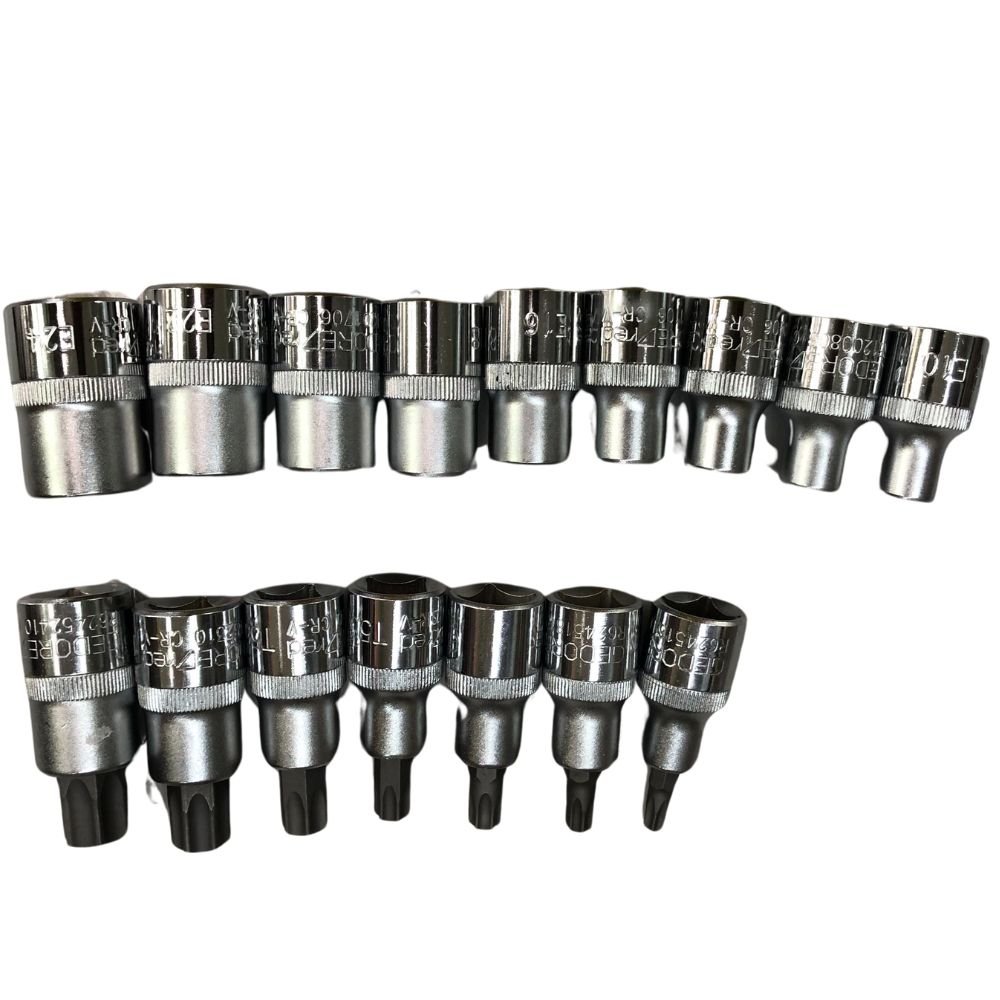Jogo de Soquete 1/2 Torx Femea E10 a E24 Macho T30 a T70 16 Peças