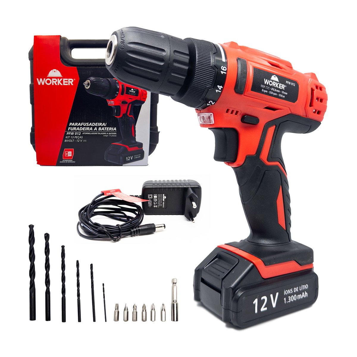 Parafusadeira Furadeira A Bateria 12v Bivolt Kit 17 Peças Na