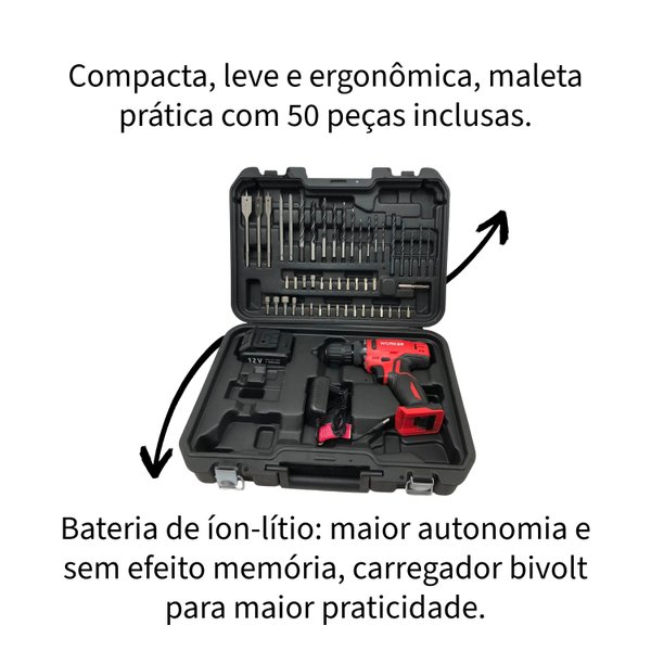 Parafusadeira Furadeira A Bateria 12 v Bivolt Kit 50 Peças Na
